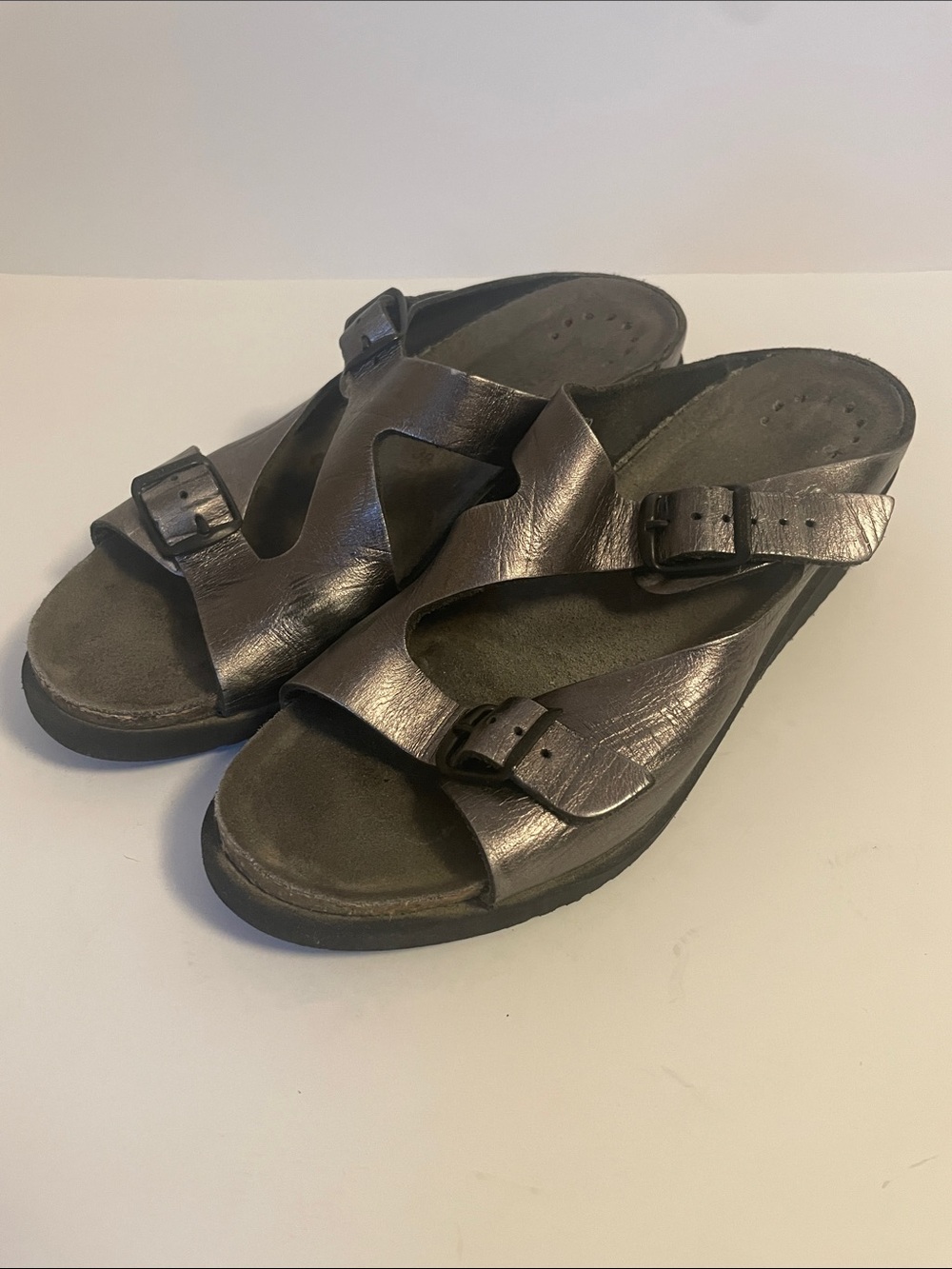 Mephisto Bronze Leather Comfort Slide Sandals EU 39 US 8 Adjustable Buckles